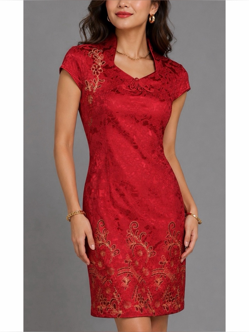 Red/Gold Floral Embroidered Mandarin Collar Sheath Mini Dress, XL - Picture 1 of 15